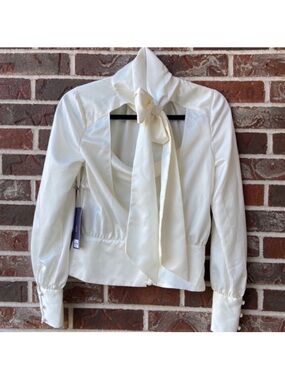 Jennifer Lopez Cream Satin Tie-Neck Blouse